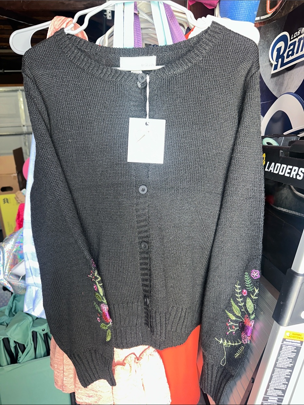 NWT Black Women's Embroidered-Sleeve Cardigan Sweater